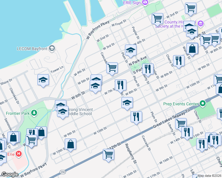map of restaurants, bars, coffee shops, grocery stores, and more near 1021 23 W 7 Street in Erie
