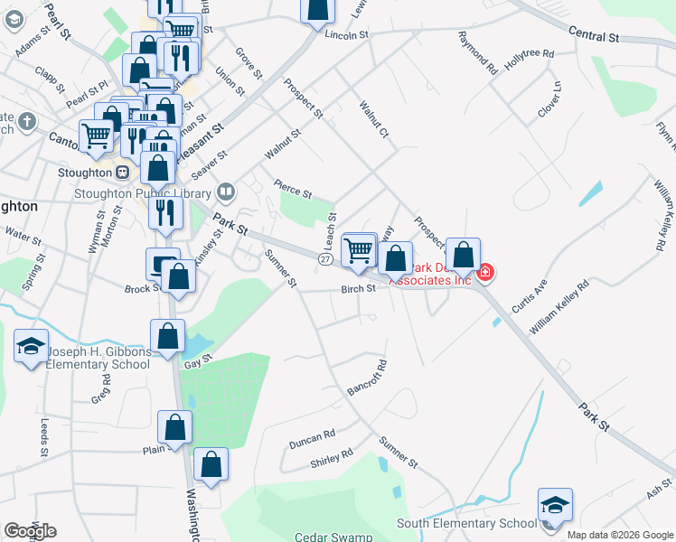 map of restaurants, bars, coffee shops, grocery stores, and more near 40 Birch Street in Stoughton