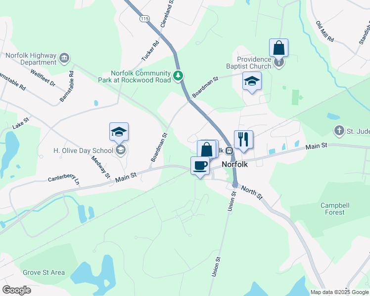 map of restaurants, bars, coffee shops, grocery stores, and more near 194 Main Street in Norfolk