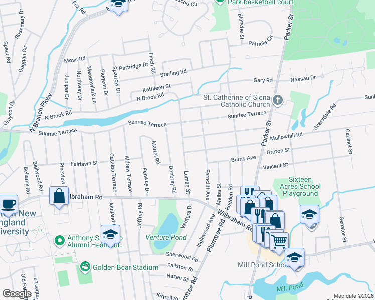 map of restaurants, bars, coffee shops, grocery stores, and more near 157 Prouty Street in Springfield
