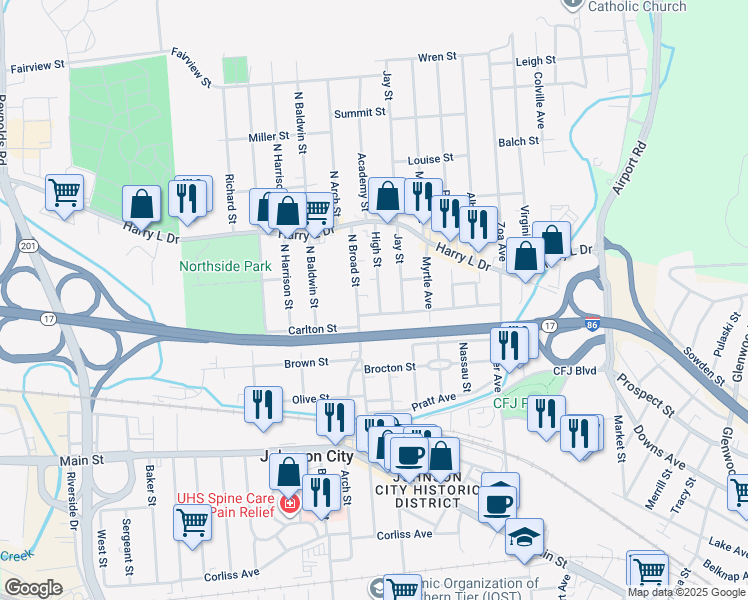 map of restaurants, bars, coffee shops, grocery stores, and more near 114 North St in Johnson City