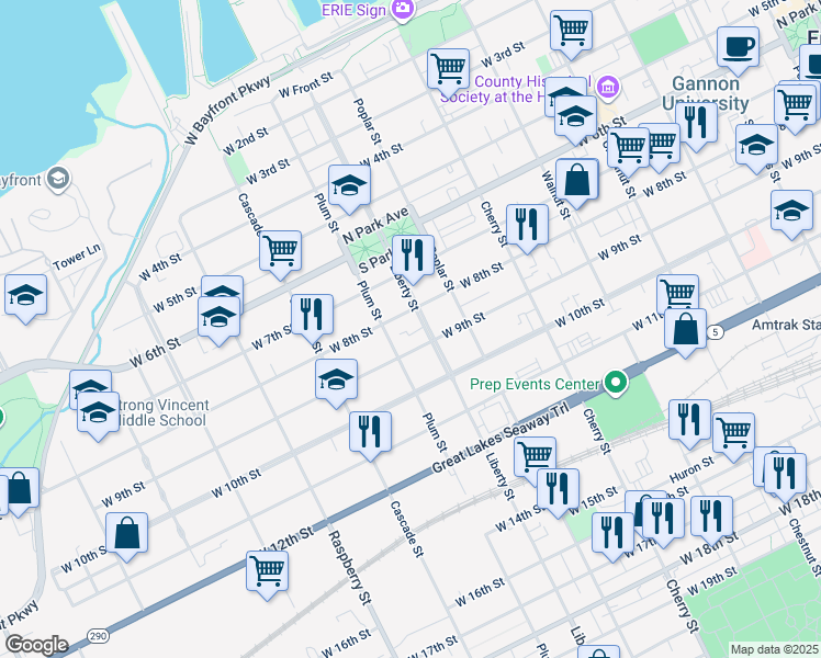 map of restaurants, bars, coffee shops, grocery stores, and more near 825 West 8th Street in Erie