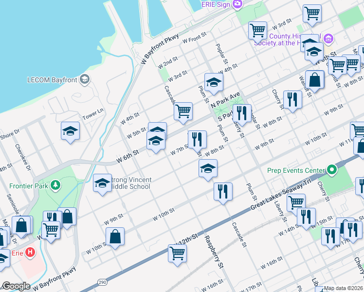 map of restaurants, bars, coffee shops, grocery stores, and more near 1021 23 W 7 Street in Erie