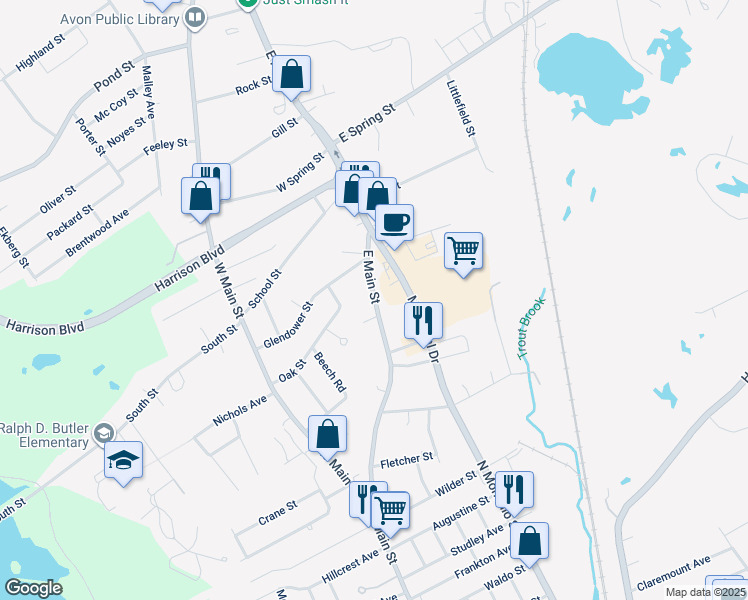 map of restaurants, bars, coffee shops, grocery stores, and more near East Main Street in Brockton