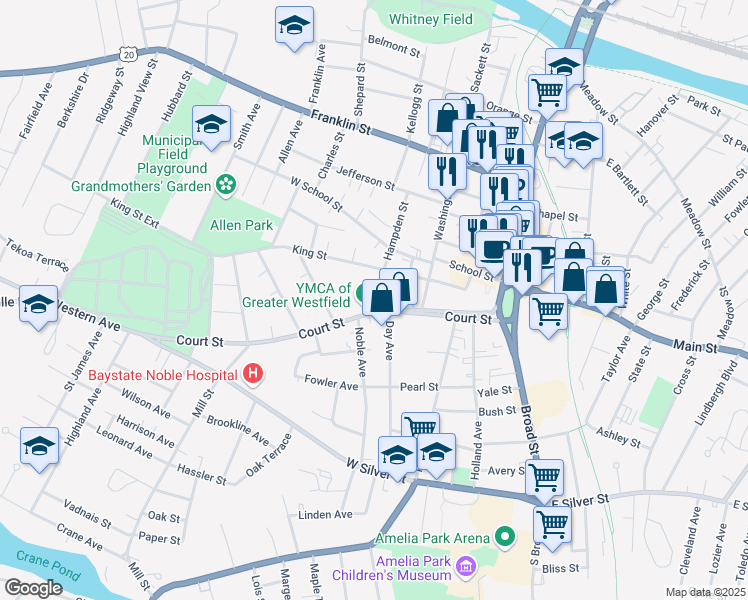 map of restaurants, bars, coffee shops, grocery stores, and more near 59 Court Street in Westfield