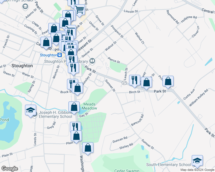 map of restaurants, bars, coffee shops, grocery stores, and more near 49 Sumner Street in Stoughton