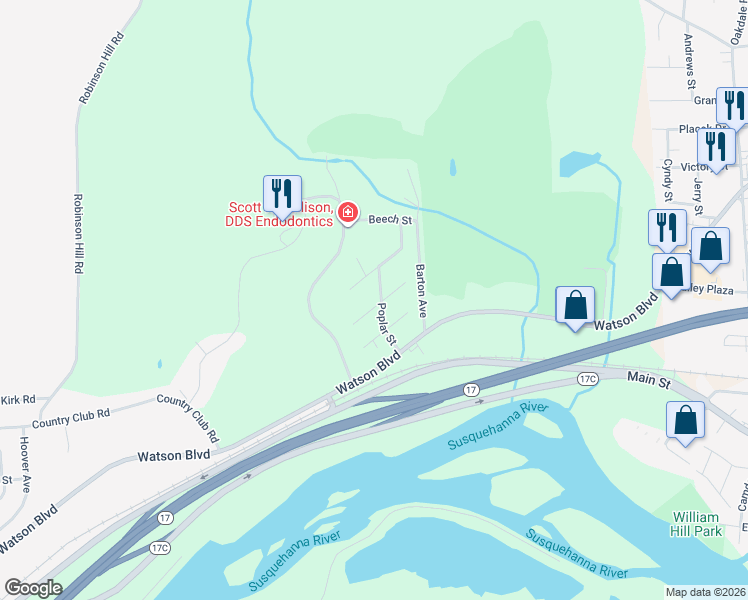 map of restaurants, bars, coffee shops, grocery stores, and more near 17 Woodland Avenue in Johnson City