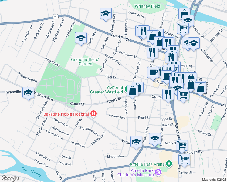 map of restaurants, bars, coffee shops, grocery stores, and more near 16 Bates Street in Westfield