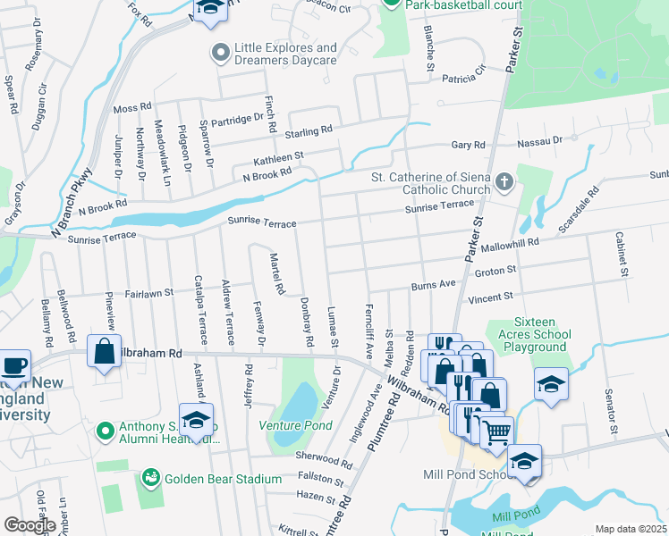 map of restaurants, bars, coffee shops, grocery stores, and more near 157 Prouty Street in Springfield