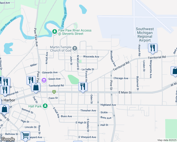 map of restaurants, bars, coffee shops, grocery stores, and more near 320 Forest Avenue in Benton Harbor