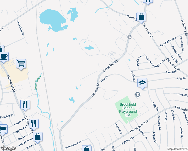 map of restaurants, bars, coffee shops, grocery stores, and more near 500 Howard Street in Brockton