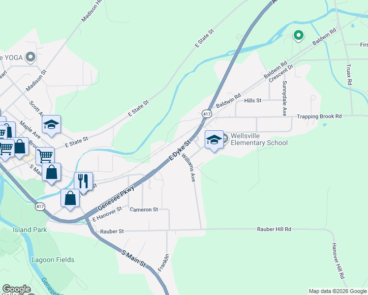 map of restaurants, bars, coffee shops, grocery stores, and more near 292 East Dyke Street in Wellsville