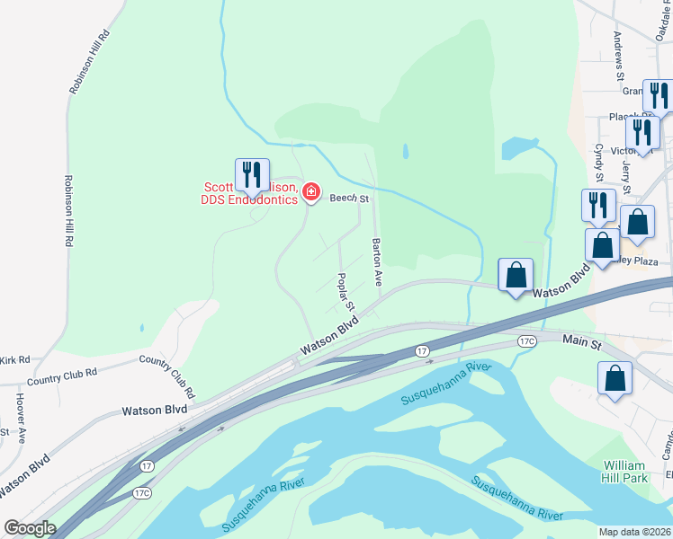 map of restaurants, bars, coffee shops, grocery stores, and more near 17 Woodland Avenue in Johnson City