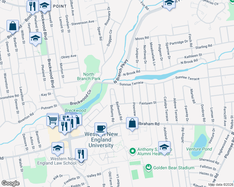 map of restaurants, bars, coffee shops, grocery stores, and more near 77 Bellwood Road in Springfield