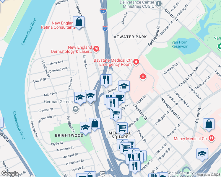 map of restaurants, bars, coffee shops, grocery stores, and more near 16 Cumberland Street in Springfield