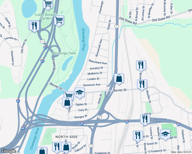map of restaurants, bars, coffee shops, grocery stores, and more near 41 Dennison Avenue in Binghamton