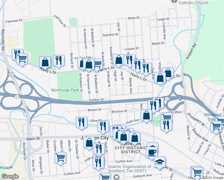 map of restaurants, bars, coffee shops, grocery stores, and more near 119 N Broad St in Johnson City