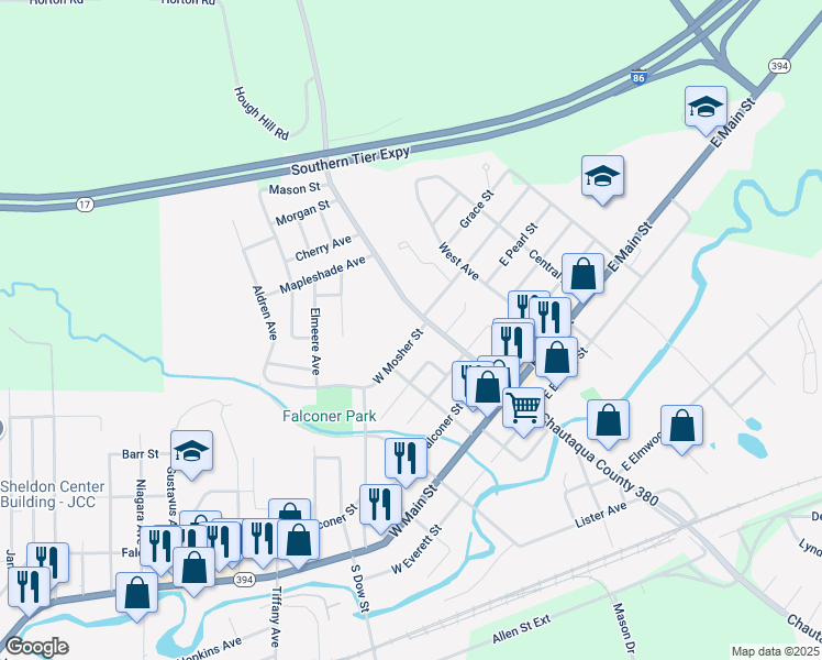 map of restaurants, bars, coffee shops, grocery stores, and more near 42 Hickory Street in Falconer