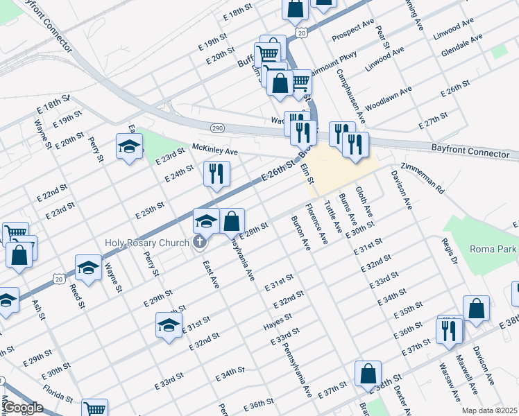 map of restaurants, bars, coffee shops, grocery stores, and more near 1165 East 28th Street in Erie