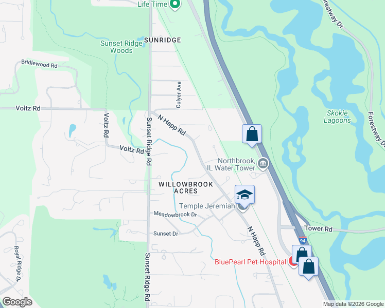 map of restaurants, bars, coffee shops, grocery stores, and more near 1780 North Happ Road in Northbrook