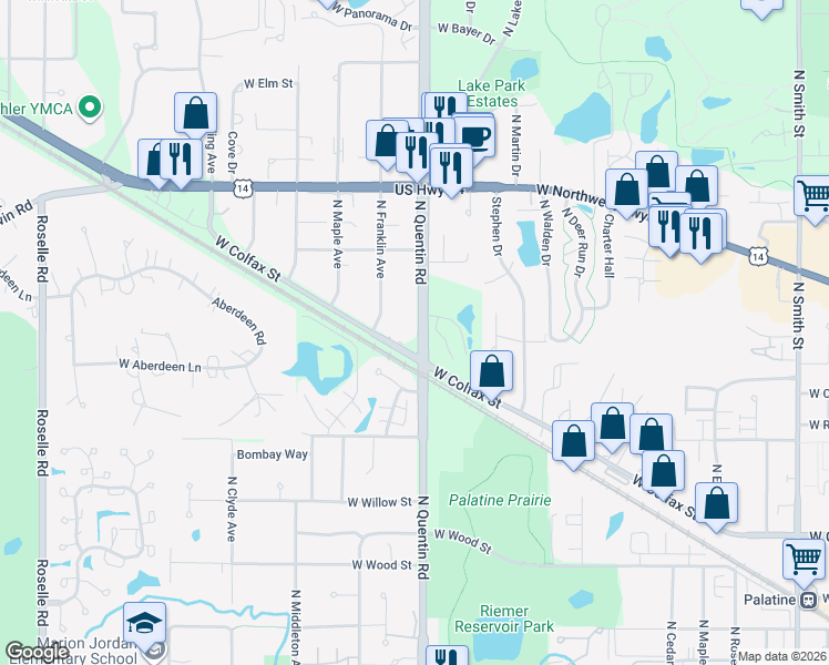 map of restaurants, bars, coffee shops, grocery stores, and more near in Palatine