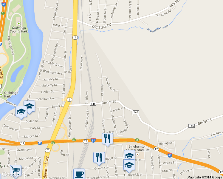 map of restaurants, bars, coffee shops, grocery stores, and more near Academie Drive in Binghamton