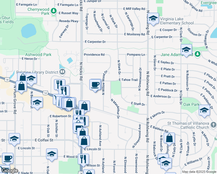 map of restaurants, bars, coffee shops, grocery stores, and more near 447 North Willow Wood Drive in Palatine