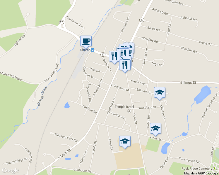 map of restaurants, bars, coffee shops, grocery stores, and more near 89 South Main Street in Sharon