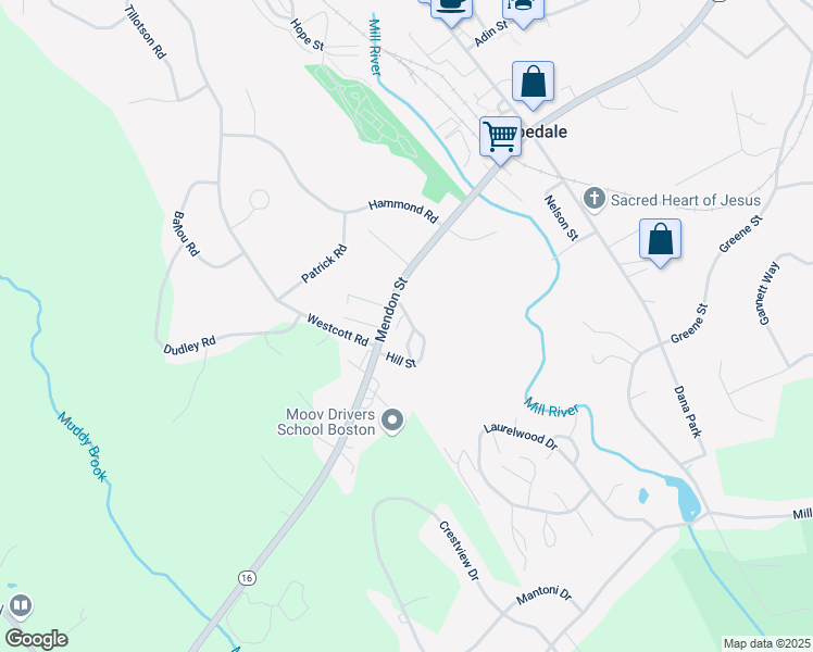 map of restaurants, bars, coffee shops, grocery stores, and more near 30 Hill Street in Hopedale