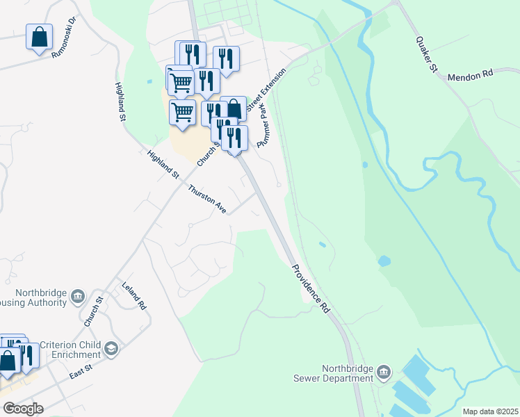 map of restaurants, bars, coffee shops, grocery stores, and more near 995 Providence Road in Northbridge