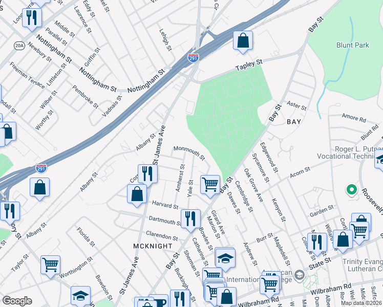 map of restaurants, bars, coffee shops, grocery stores, and more near 125 Yale Street in Springfield