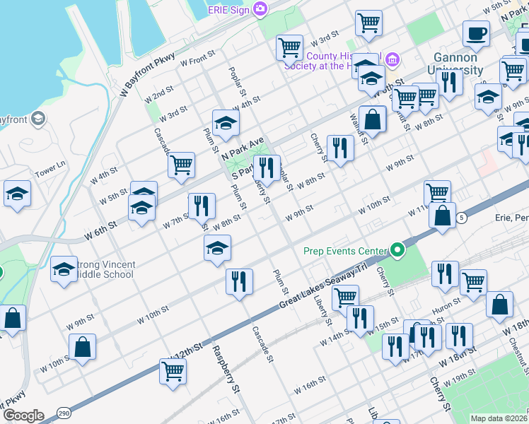 map of restaurants, bars, coffee shops, grocery stores, and more near 819 West 8th Street in Erie