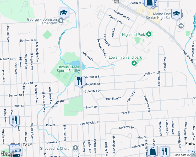 map of restaurants, bars, coffee shops, grocery stores, and more near 2630 Alexander Street in Endicott
