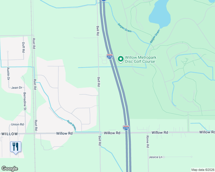 map of restaurants, bars, coffee shops, grocery stores, and more near 25245 Bell Road in Huron Charter Township