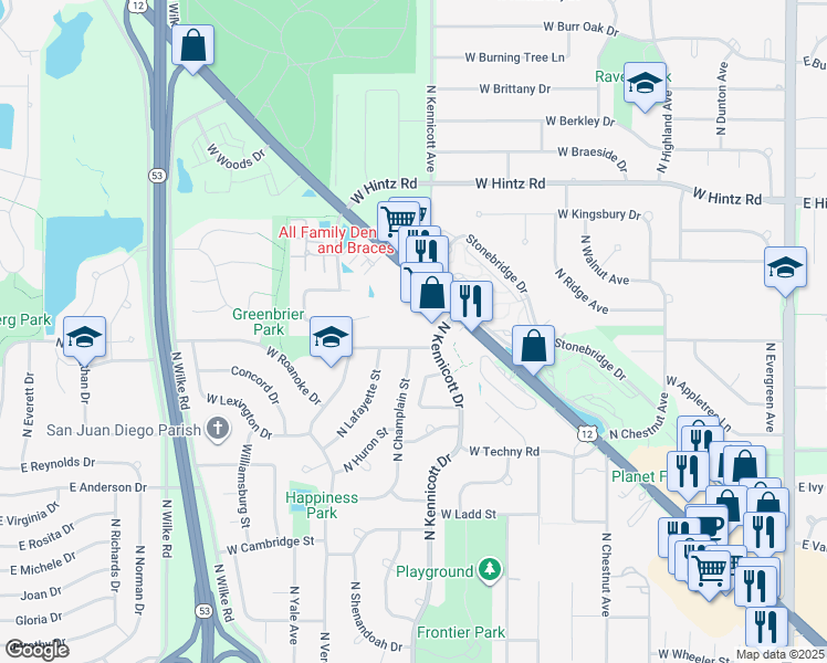 map of restaurants, bars, coffee shops, grocery stores, and more near 933 West Rand Road in Arlington Heights