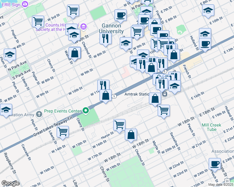 map of restaurants, bars, coffee shops, grocery stores, and more near 344 West 12th Street in Erie