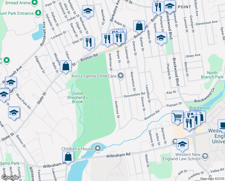 map of restaurants, bars, coffee shops, grocery stores, and more near 127 Ambrose Street in Springfield