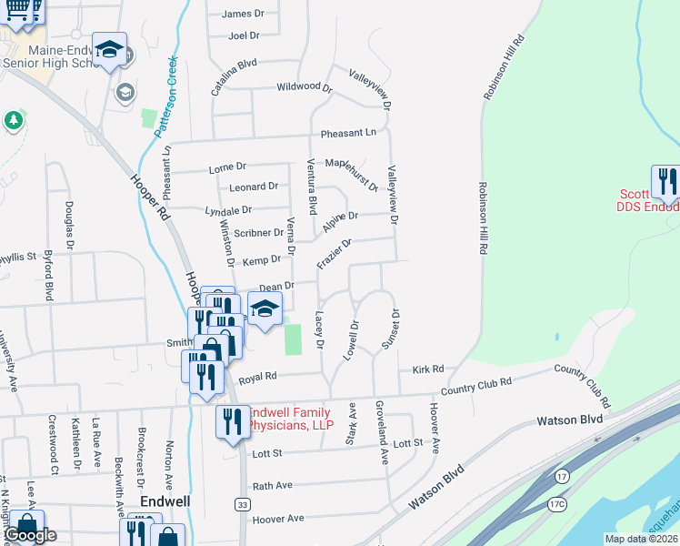 map of restaurants, bars, coffee shops, grocery stores, and more near 3714 Frazier Drive in Endicott