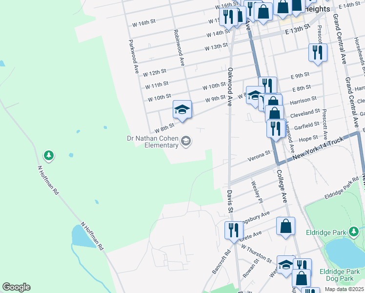 map of restaurants, bars, coffee shops, grocery stores, and more near 100 Robinwood Avenue in Elmira Heights