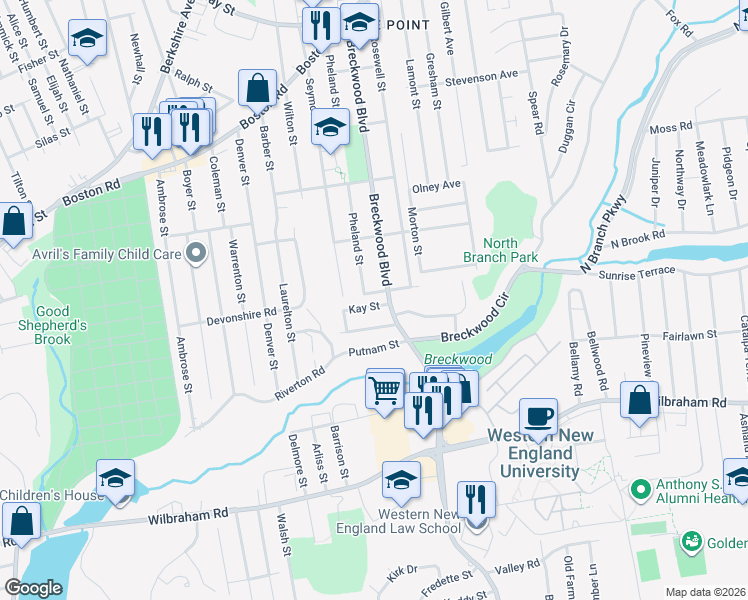 map of restaurants, bars, coffee shops, grocery stores, and more near 16 Kay Street in Springfield