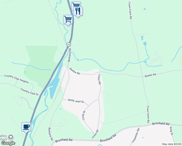 map of restaurants, bars, coffee shops, grocery stores, and more near 22 Beebe Road in Monson