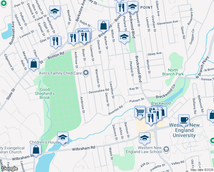 map of restaurants, bars, coffee shops, grocery stores, and more near 196 Laurelton Street in Springfield