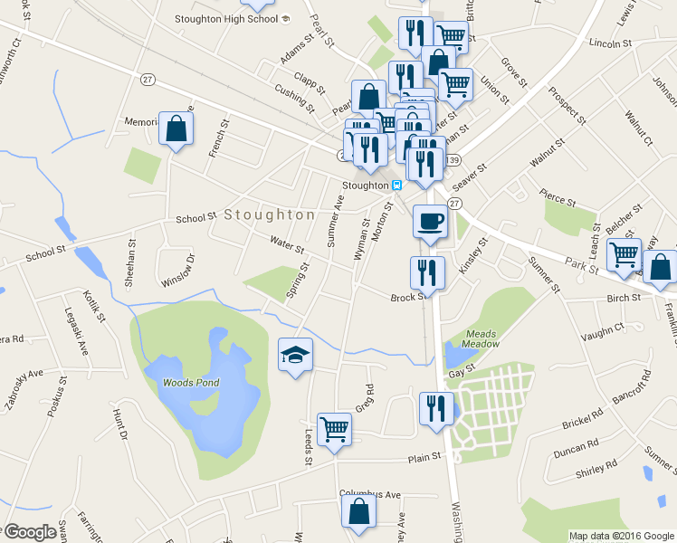 map of restaurants, bars, coffee shops, grocery stores, and more near 27 Water Street in Stoughton