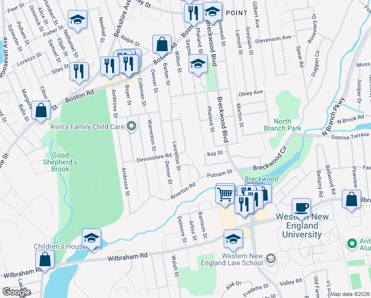 map of restaurants, bars, coffee shops, grocery stores, and more near 81 Larchmont Street in Springfield