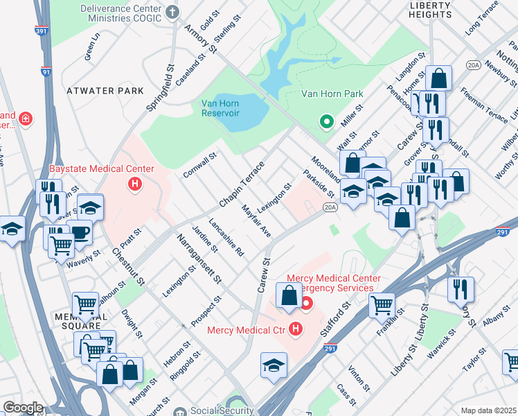 map of restaurants, bars, coffee shops, grocery stores, and more near 83 Knollwood Street in Springfield