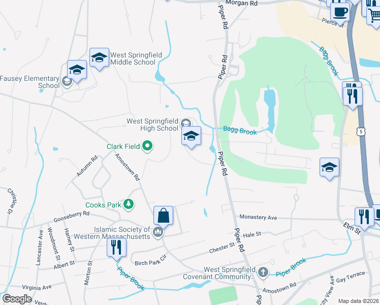 map of restaurants, bars, coffee shops, grocery stores, and more near 425 Piper Road in West Springfield