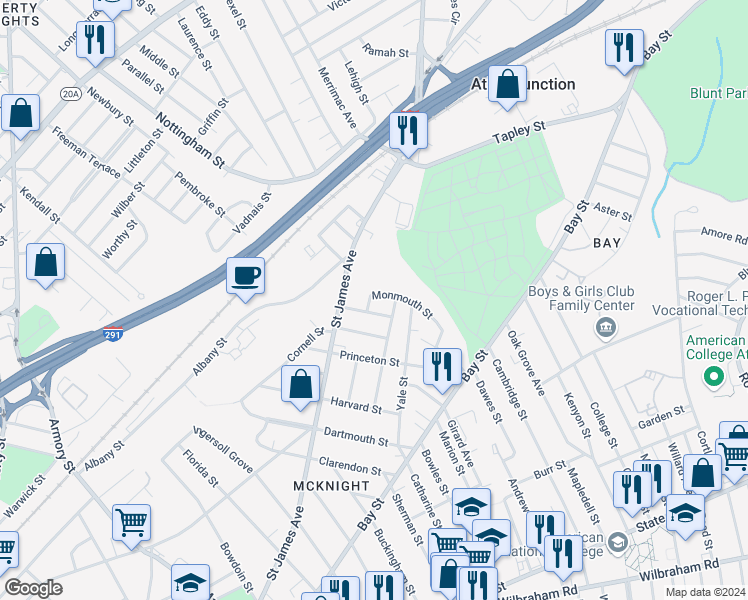 map of restaurants, bars, coffee shops, grocery stores, and more near 7 Monmouth Street in Springfield