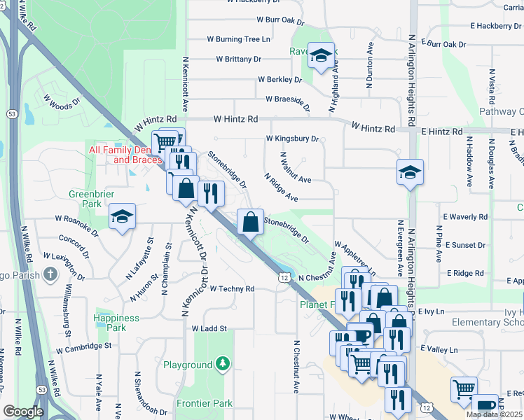 map of restaurants, bars, coffee shops, grocery stores, and more near 650 West Rand Road in Arlington Heights