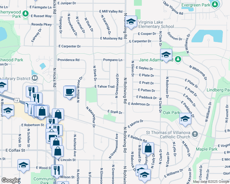 map of restaurants, bars, coffee shops, grocery stores, and more near 728 East Meadow Lane in Palatine