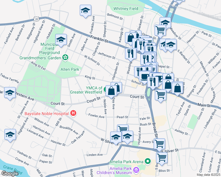 map of restaurants, bars, coffee shops, grocery stores, and more near 59 Court Street in Westfield